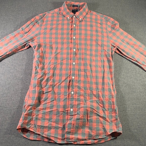 J. Crew Slim Fit Coral and Green Gingham Check Button Down Long Sleeve Shirt - Picture 2 of 8
